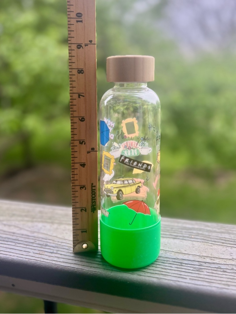 Clear Kids Water Bottle with Green Base and Tan Cap - Friends Graphic